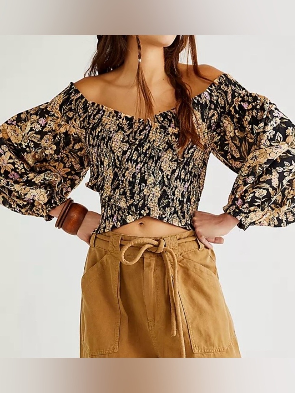 Free People Black Smocked Crop Top with Gold and Pink Floral Details - Picture 5 of 9